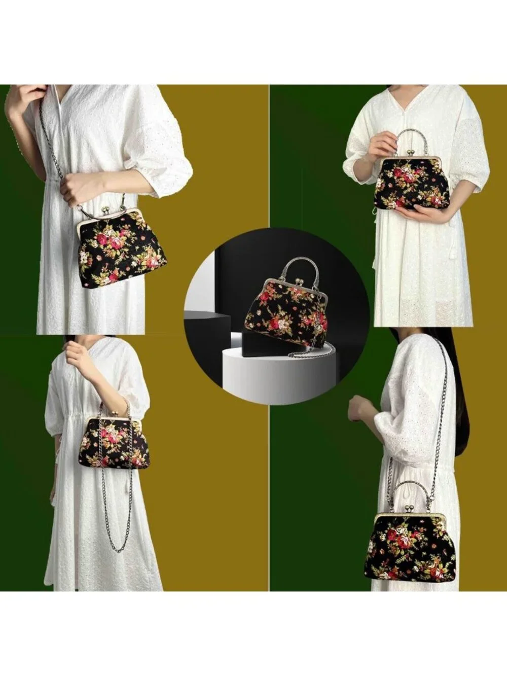 Vintage Floral Top-Handle Handbag, Kiss Lock Evening Bag for Women, Chic Purse